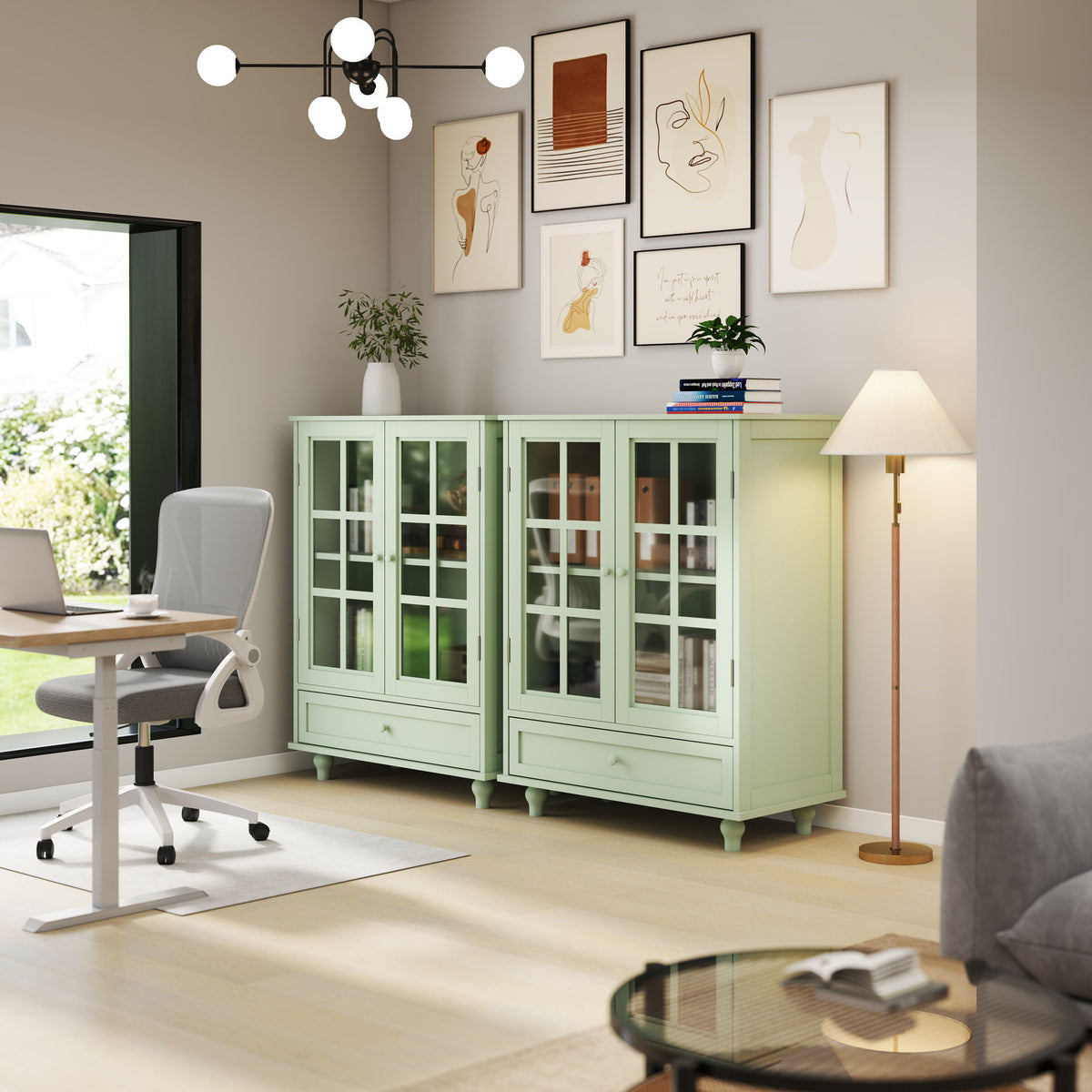 Minimalist Buffet Cabinet With Double Glass Doors And Drawer