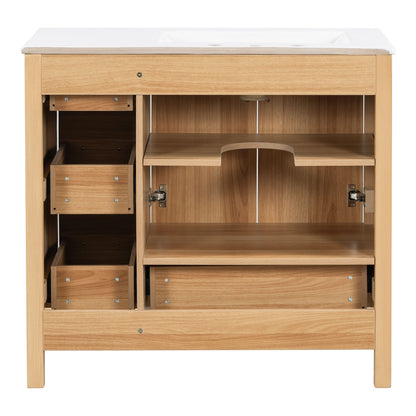 36" Bathroom Vanity, 2 Soft Close Doors, 4 Soft Close Drawers, Adjustable Shelf, Storage Cabinet - Acacia Wood
