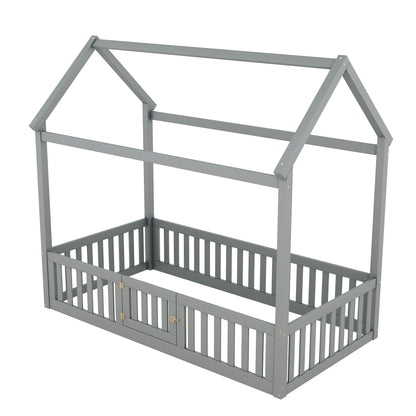 Wood House Bed With Fence And Door