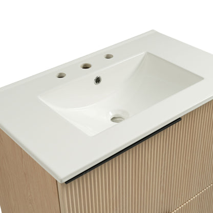 Fluted Bathroom Vanity With Ceramic Sink, Soft Close Slides