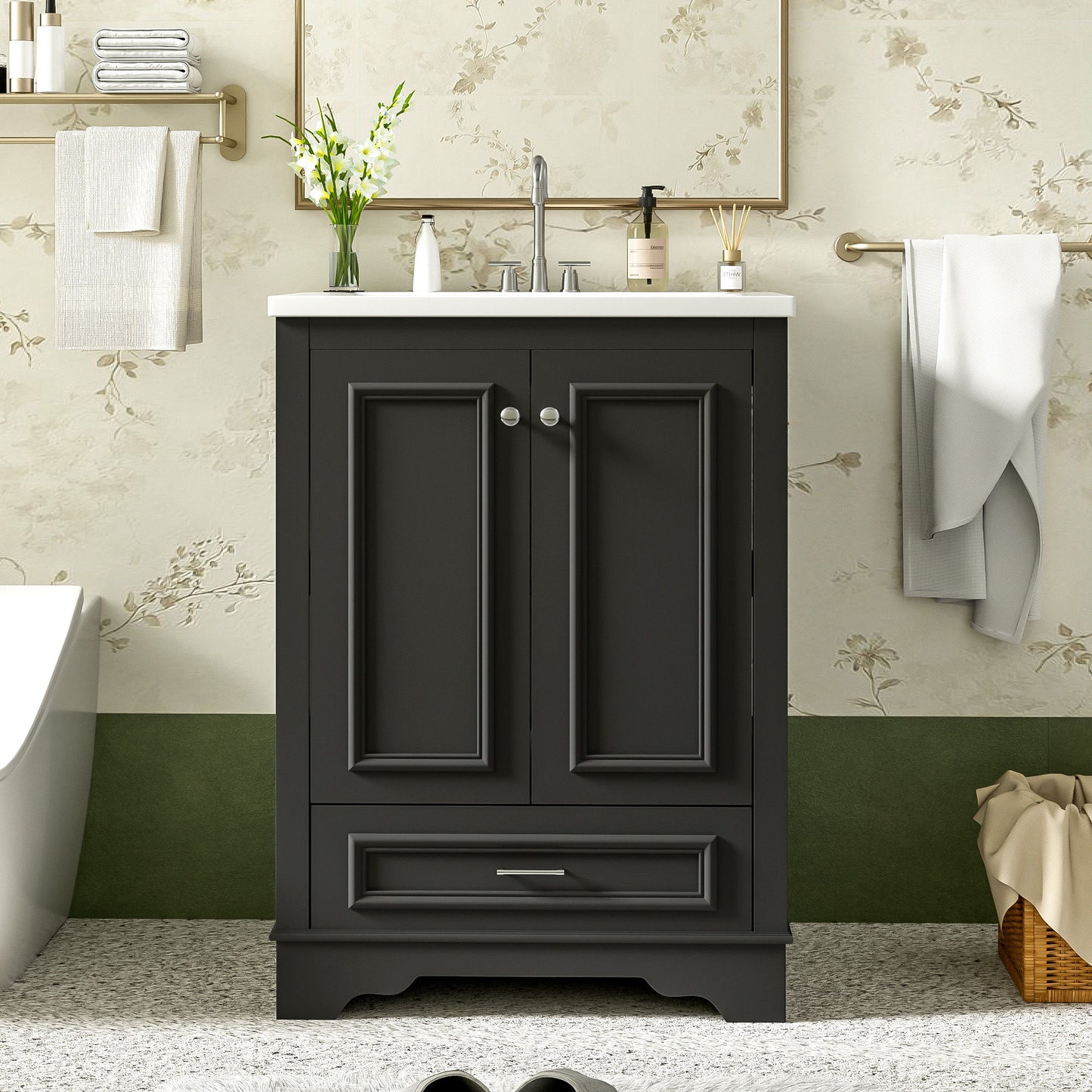 Bathroom Vanity With Ceramic Sink Combo, Modern Freestanding Storage Cabinet With Silver Handles