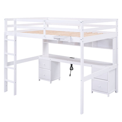 Loft Bed With Desk, Cabinets, Drawers, Charging Station And Bedside Tray