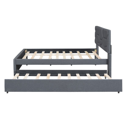 Upholstered Platform Bed With Brick Pattern Headboard And Twin Long Size Trundle