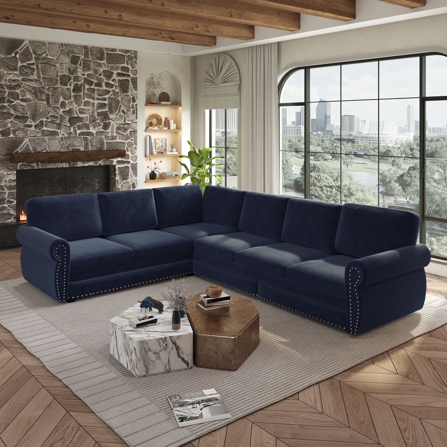 L-Shaped Sofa Couch With Pull Out Bed With Nailhead Trim & Rolled Arm