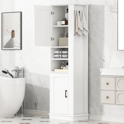 Tall Freestanding Bathroom Storage Cabinet With Adjustable Shelves And Side Hooks Board, Rectangle Design