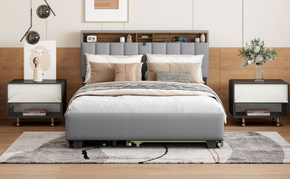 Upholstered Platform Bed With Storage Headboard, Trundle & 2 Drawers And A Set Of Sockets & USB Ports
