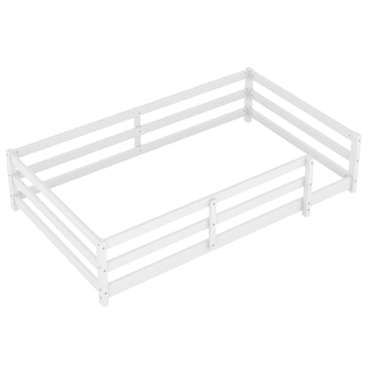 Twin Size Montessori Floor Bed With Fence - White