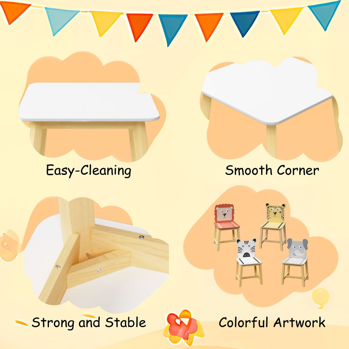 Kids Table And Chair Set With Cartoon Animals Design - White
