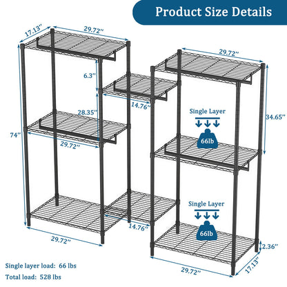 Heavy Duty Garment Rack With 8 Adjustable Wire Shelves And 5 Clothes Rails, Freestanding Closet Organizer Metal - Black