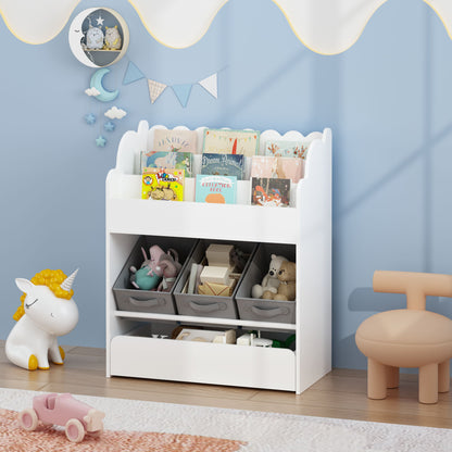 Bookshelf With Storage Bins And Drawer, Multi Functional Book Organizer For Toddlers - White