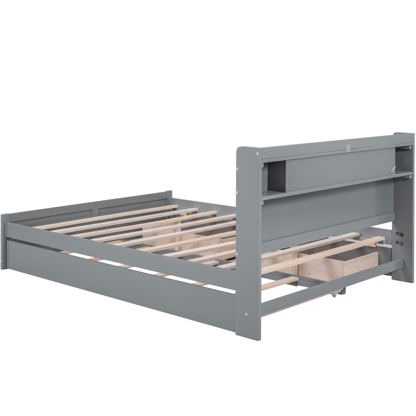 Storage Platform Bed With LED Lights, 2 Drawers And Trundle