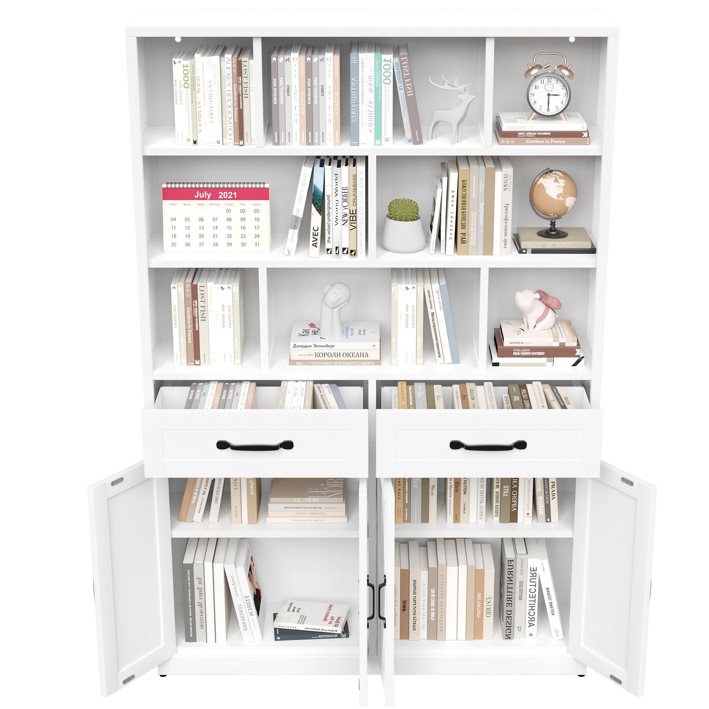 Bookcase Tall With 2 Doors & 2 Drawers, Fixed Open Shelves - White