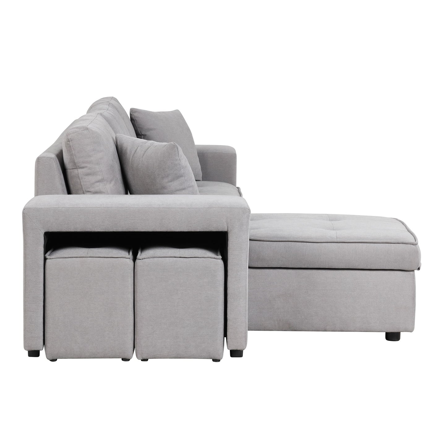 Modern L-Shape 3 Seat Reversible Sectional Couch, Pull Out Sleeper Sofa With Storage Chaise And 2 Stools For Living Room Furniture Set