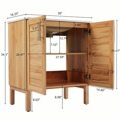 Bathroom Vanity With Ceramic Sink, Freestanding Cabinet - Antique Natural / Brown