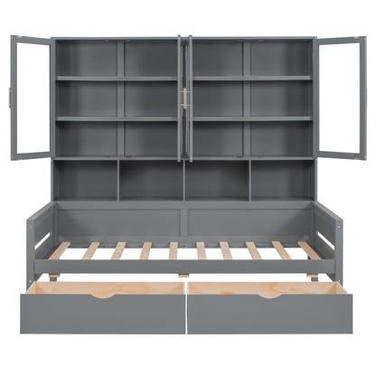 Daybed With Glass Door Storage Cabinets, Built In LED Lighting And Shelves