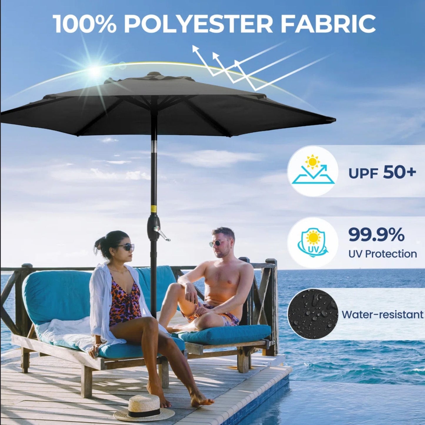 Umbrella With Crank Lift & Tilt, UV-Resistant Canopy For Patio