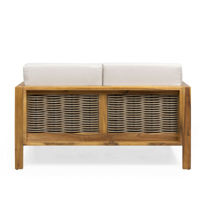 Outdoor 4 Seater Acacia Wood Chat Set With Wicker Accents And Cushions - Teak / Mixed Brown / Beige
