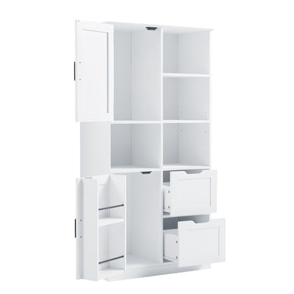 Freestanding Bathroom Storage Cabinet With Doors And Drawers, Adjustable Shelf, Open Shelves - White