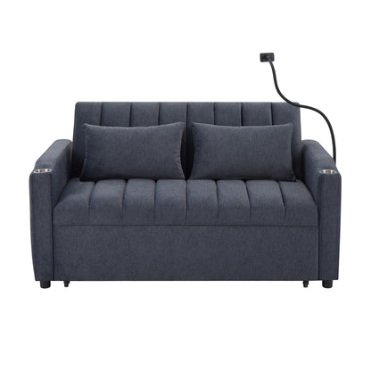 Convertible Sofa Bed Loveseat Sofa With Three USB Ports, Two Side Pockets, Two Cup Holders And 360° swivel Phone Holder For Living Room