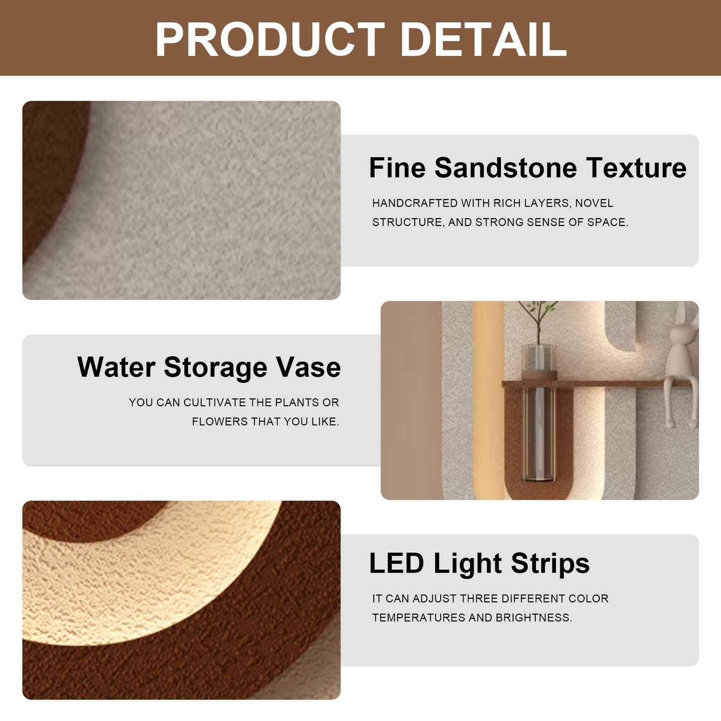Adjustable LED Sandstone Wall Decor With Simulated Plants 3D Art Sculpture, Glass Vase & Rabbit Statue, Remote Control - Light Coffee