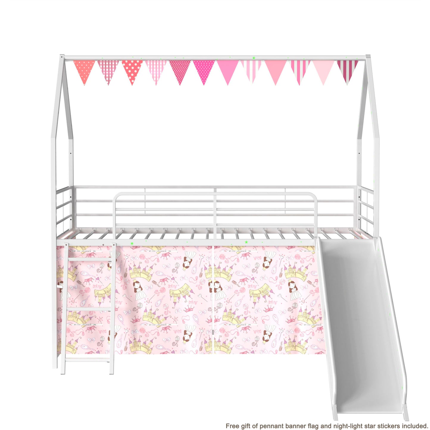 Jack - House Loft Bed With Slide And Curtain Set