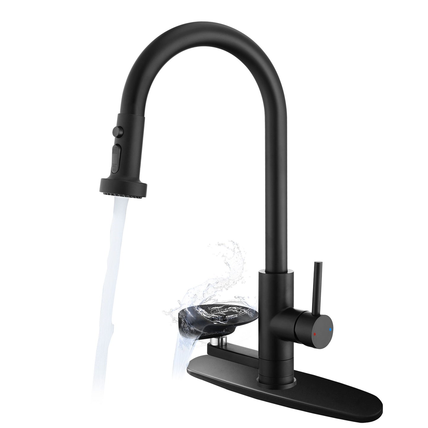 3 In 1 Kitchen Faucet With Press Type Glass Rinser, High Arc Pull Down Sprayer