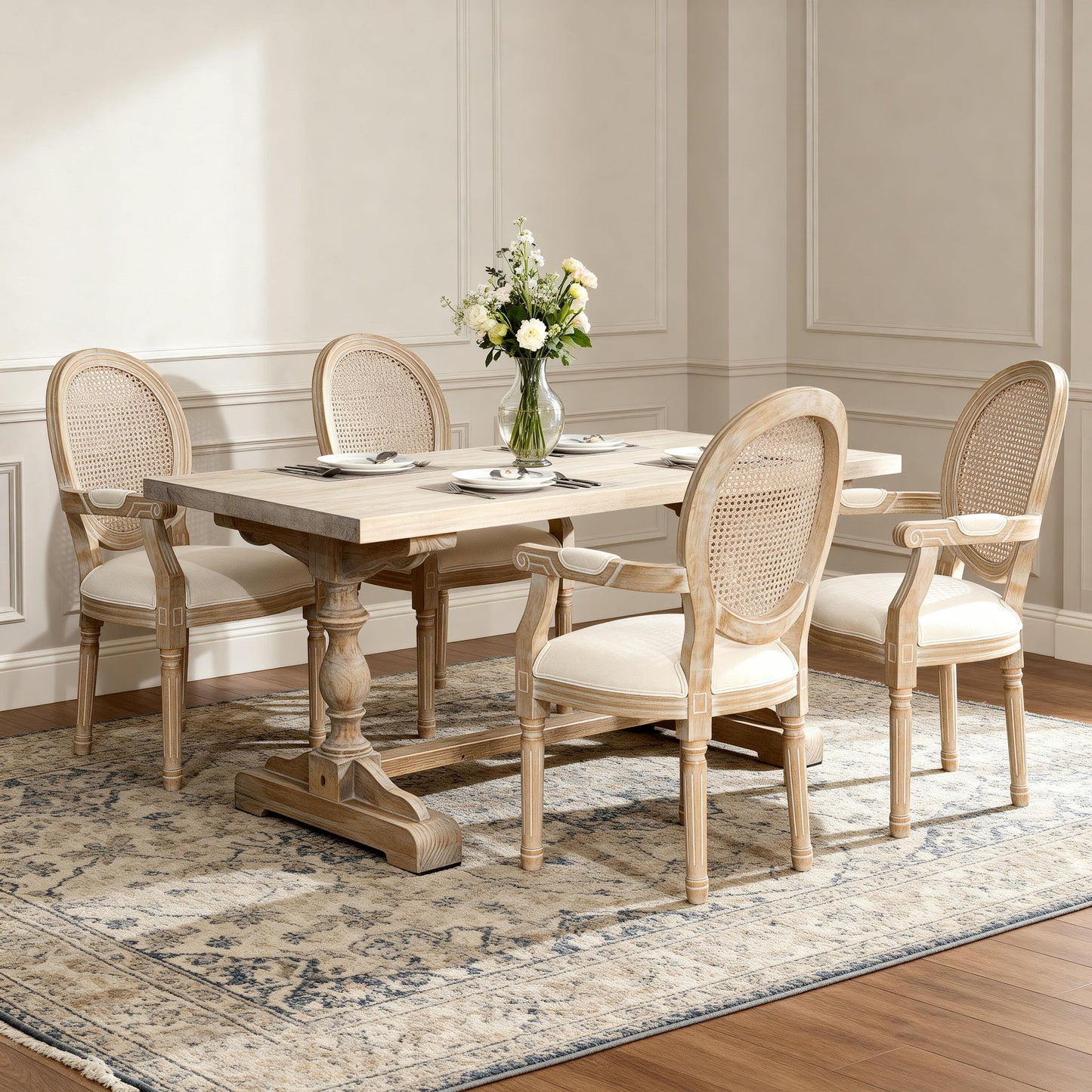 French Vintage Upholstered Fabric Dining Armchair (Set of 2) - Beige
