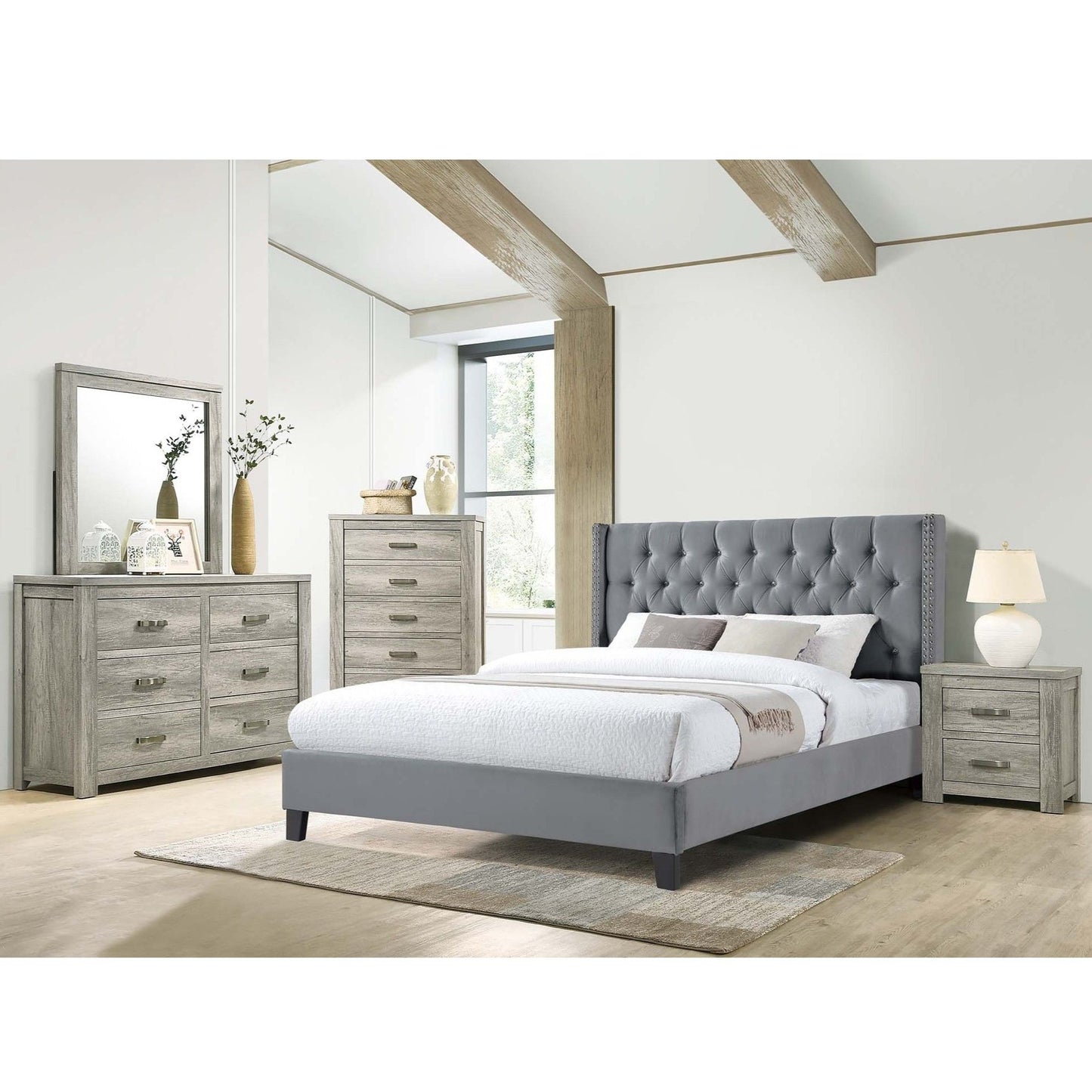 Modern Diamond Tufted Headboard Bed With Nailhead Trim