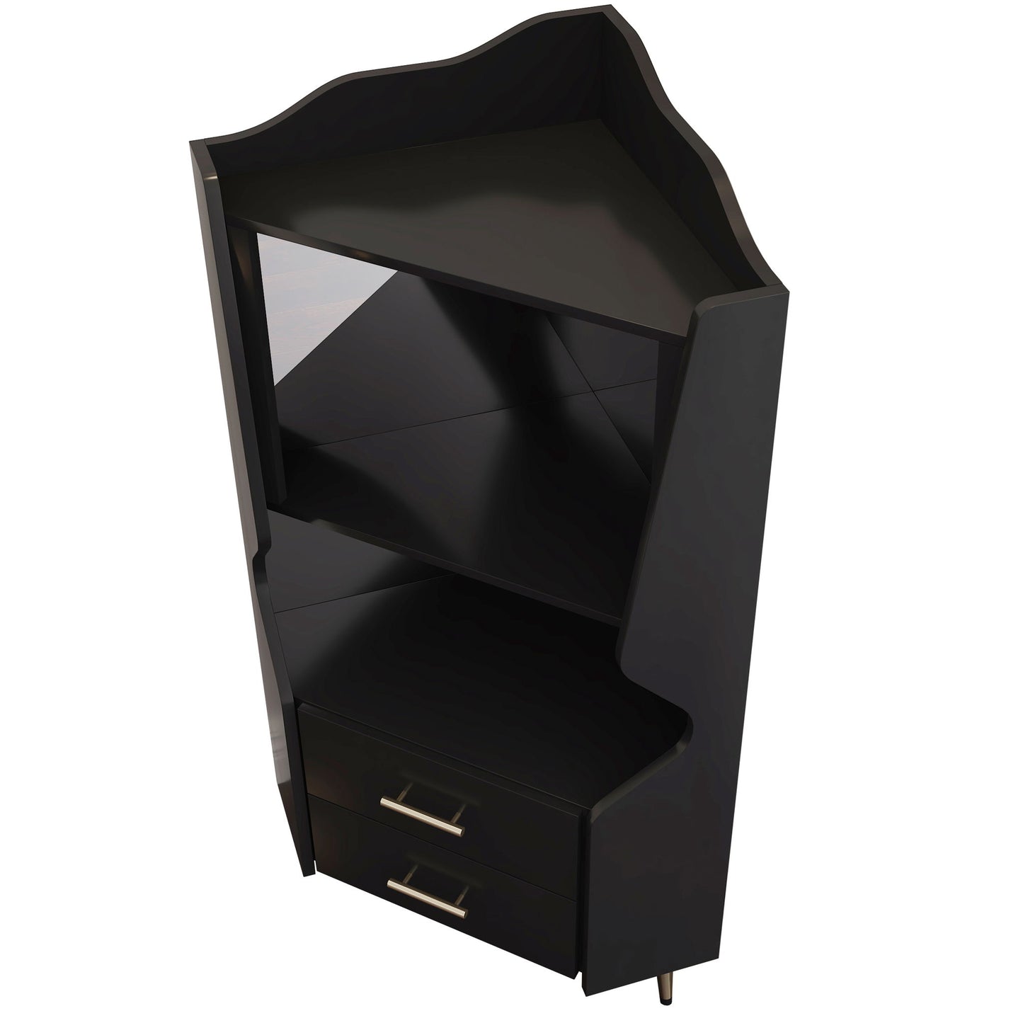 Corner Bar Cabinet With Mirrored Back, 2 Open Shelves & 2 Drawers, High Legs For Easy Cleaning