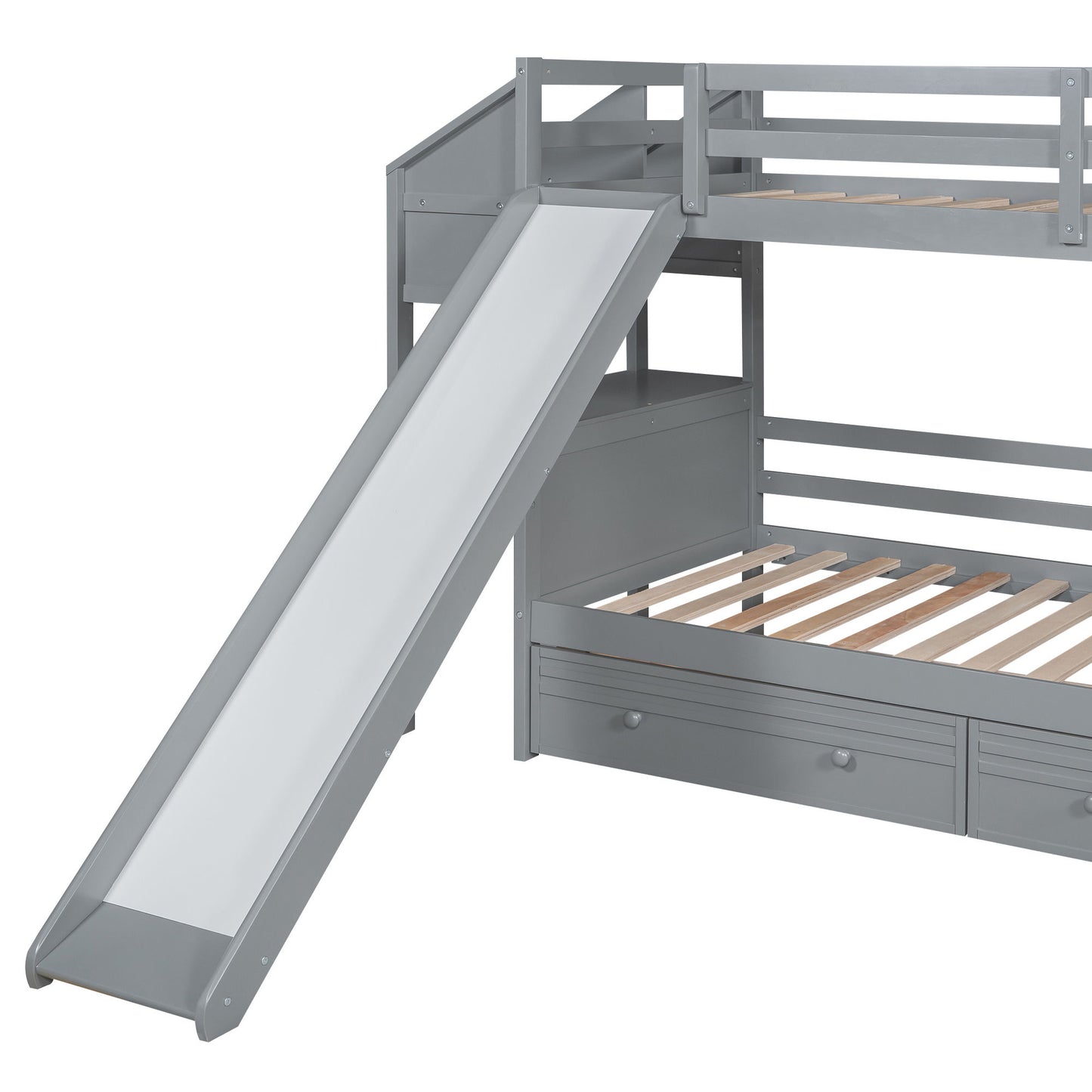 Bunk Bed With Storage Staircase, Slide, Desk, Drawers, And Shelves