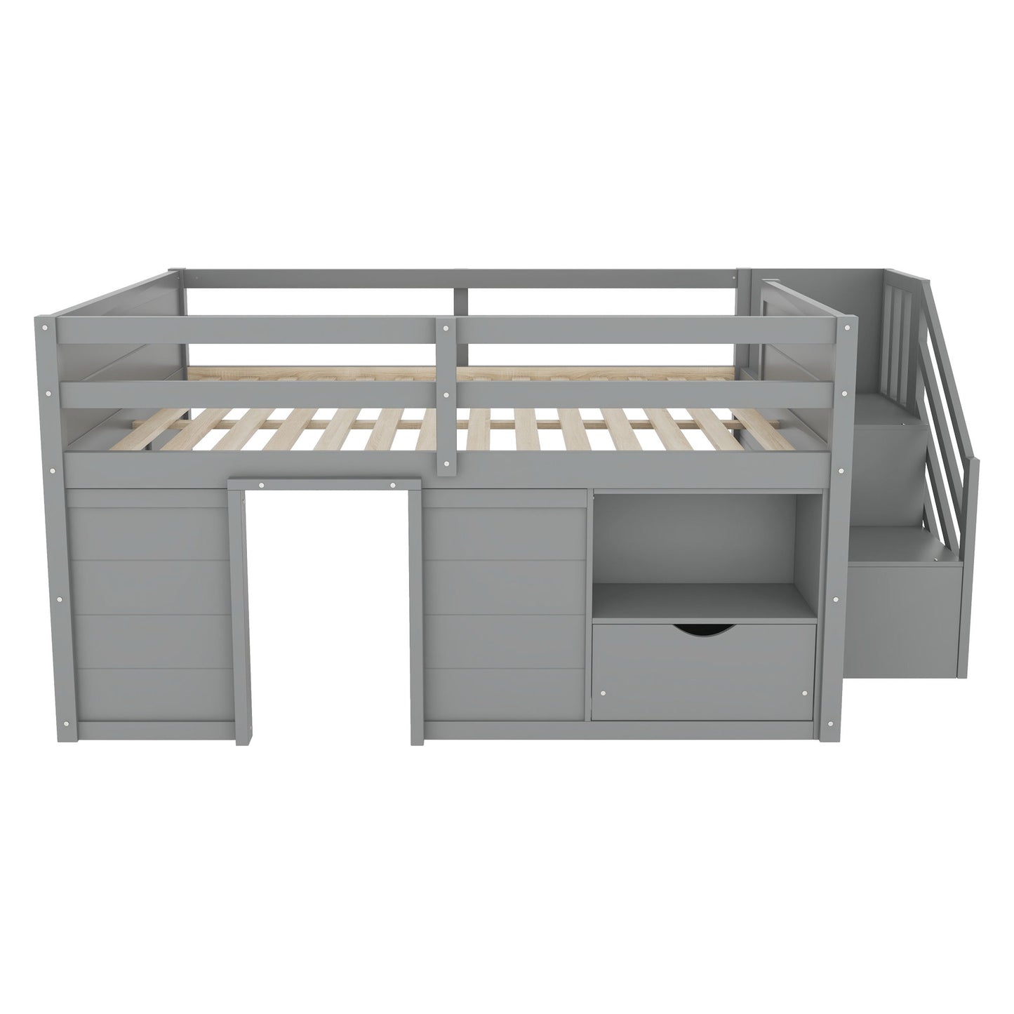 Low Loft Bed Frame With Built In Stairs, Storage Drawer, Shelf And 7 Color LED Light