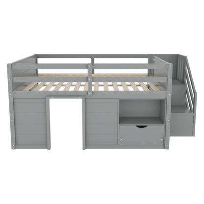 Low Loft Bed Frame With Built In Stairs, Storage Drawer, Shelf And 7 Color LED Light