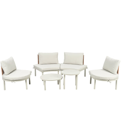 6 Piece Patio Set, Half Moon Outdoor Sectional Sofa With 2 High Low Coffee Tables, 4 Pillows & Cushions