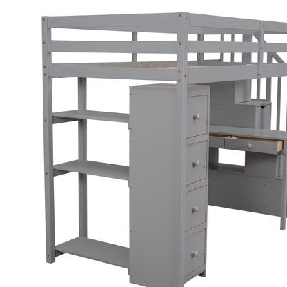 Loft Bed With Storage Drawers, Desk And Stairs With Shelves