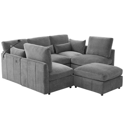 Modern Modular U-Shaped Sofa Bed With Movable Ottoman, USB Ports, Phone Holder