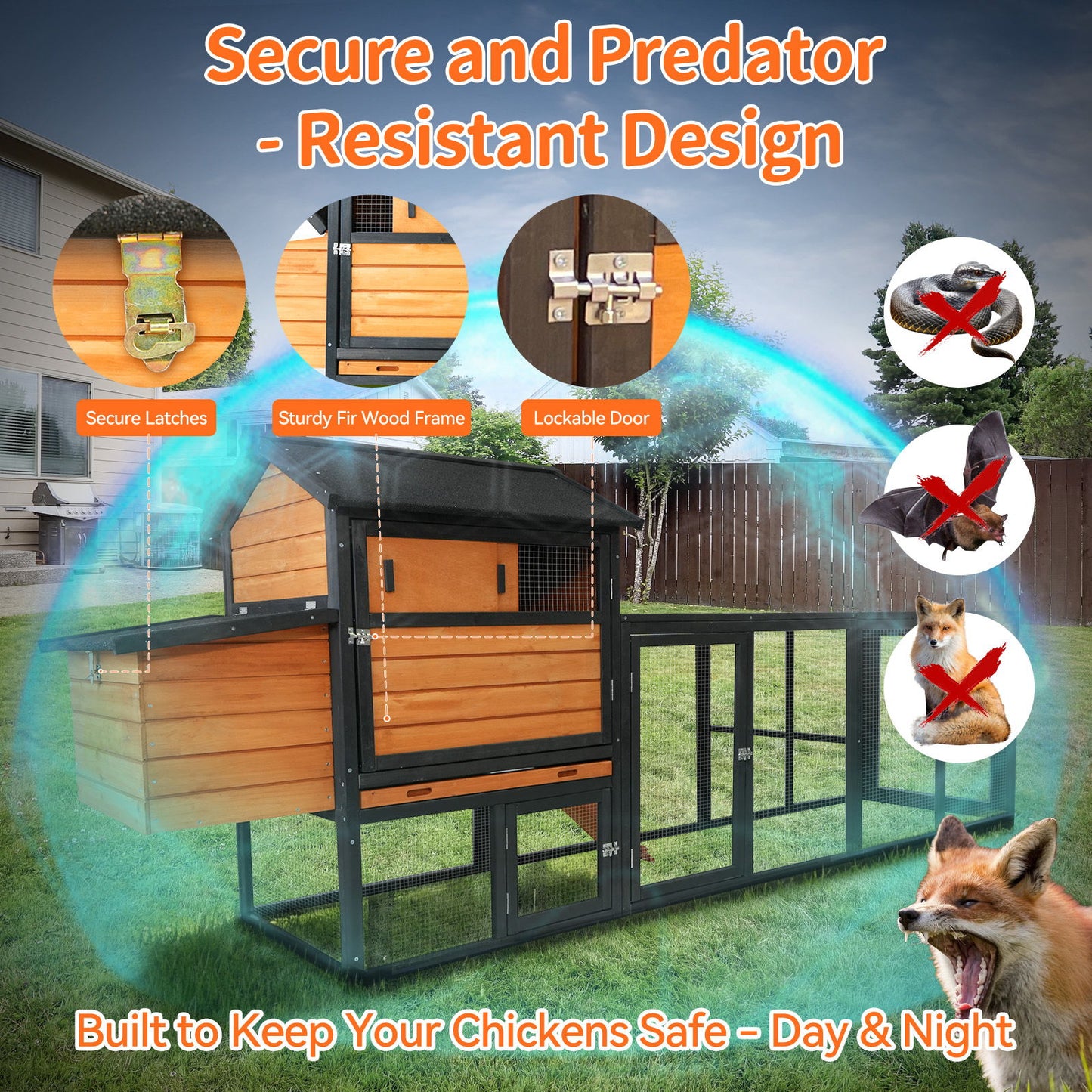 Chicken Coop, Large Outdoor Hen House & Run And Nesting Box Poultry Cage, Rabbit Hutch - Brown / Black