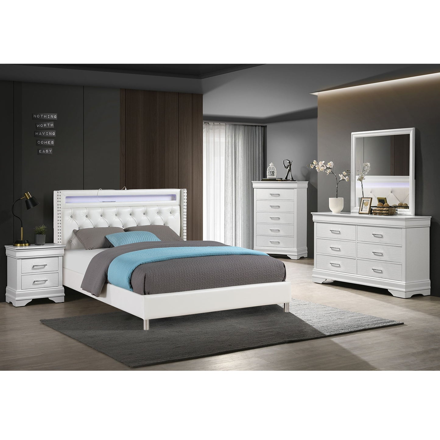 Modern Bed With LED Lights, Charging Port, Tufted Headboard