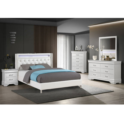 Modern Bed With LED Lights, Charging Port, Tufted Headboard