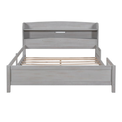 Wood Platform Bed With Built In LED Light, Storage Headboard And Guardrail