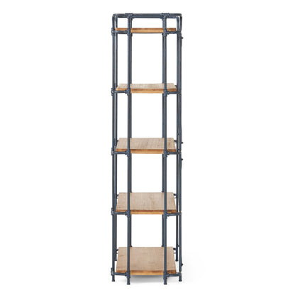 Yorktown - Industrial 5 Shelf Bookcase With Metal Pipework And Solid Fir - Natural