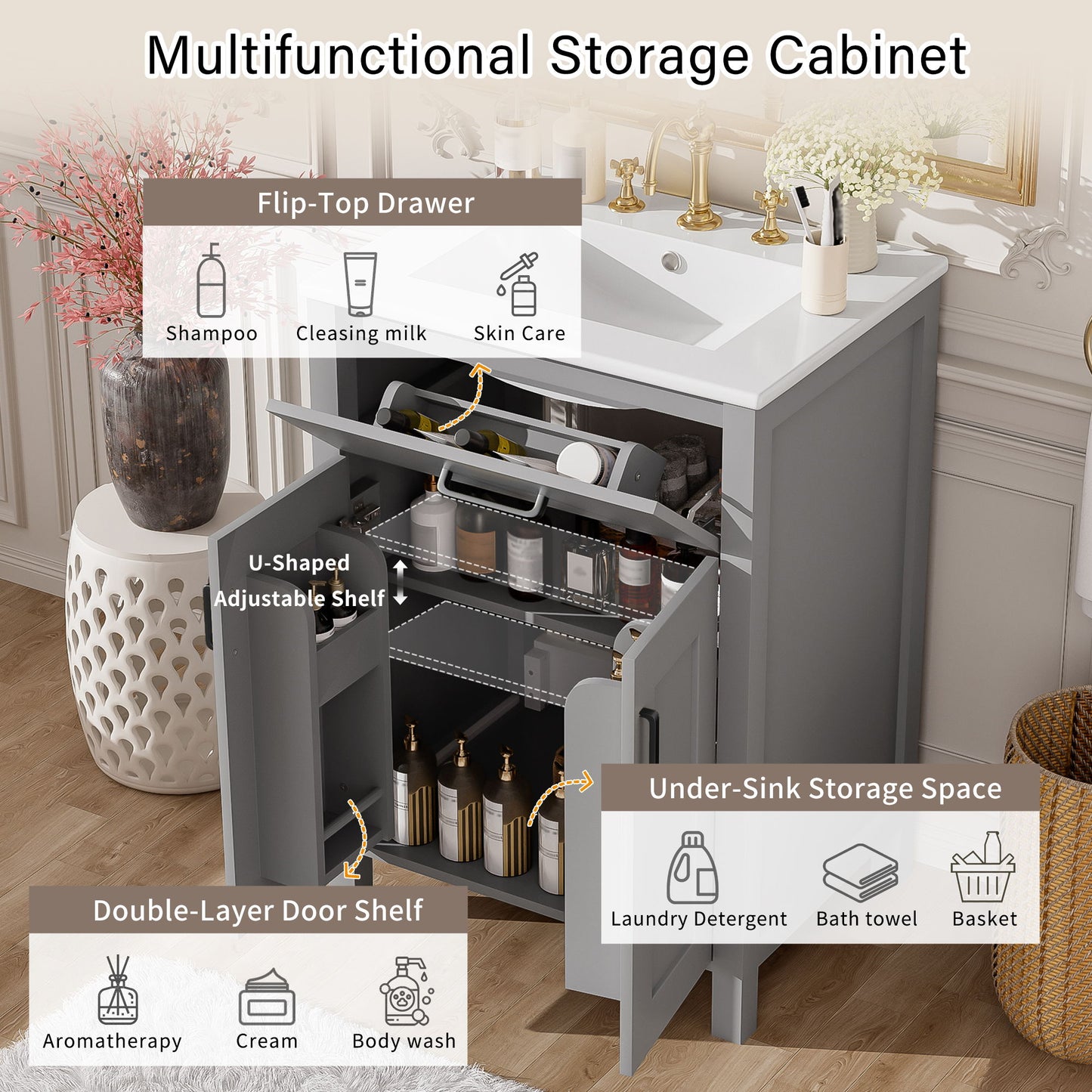 Bathroom Vanity With Ceramic Sink, Soft Close Doors, Flip Drawer, Double Layer Door Shelves