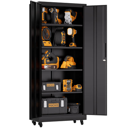 Storage Cabinet With Wheels And Lock, 4 Adjustable Shelves, 3 Point Locking Security, For Tool Organization In Garage - Black