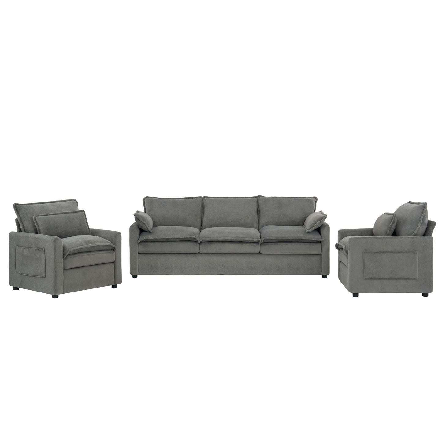 Modern Sofa Set With Double Layer Cushion And Side Storage Pockets