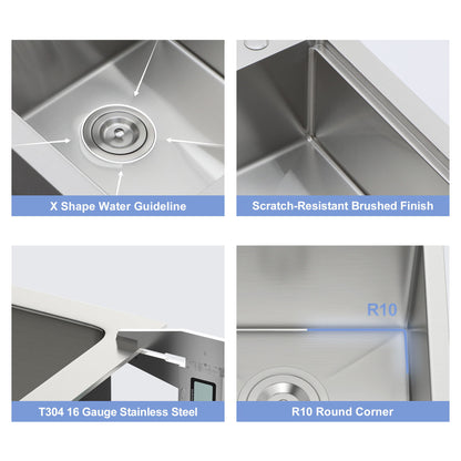 21" Drop In Kitchen Sink With Pull Out Faucet And Sink Cover, 16 Gauge - Brushed Nickel