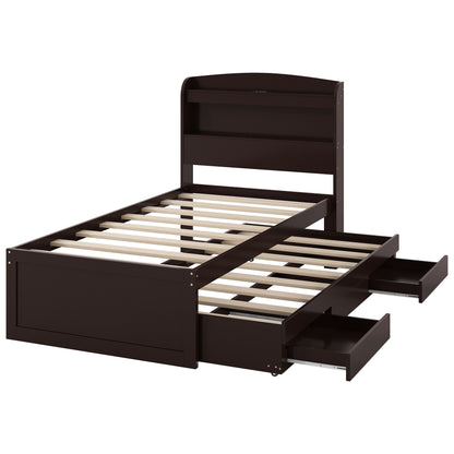 Platform Bed With LED Headboard, Charging Station, Trundle And 2 Drawers