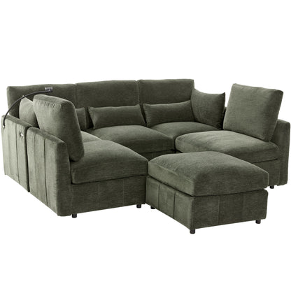 Modern Modular U-Shaped Sofa Bed With Movable Ottoman, USB Ports, Phone Holder