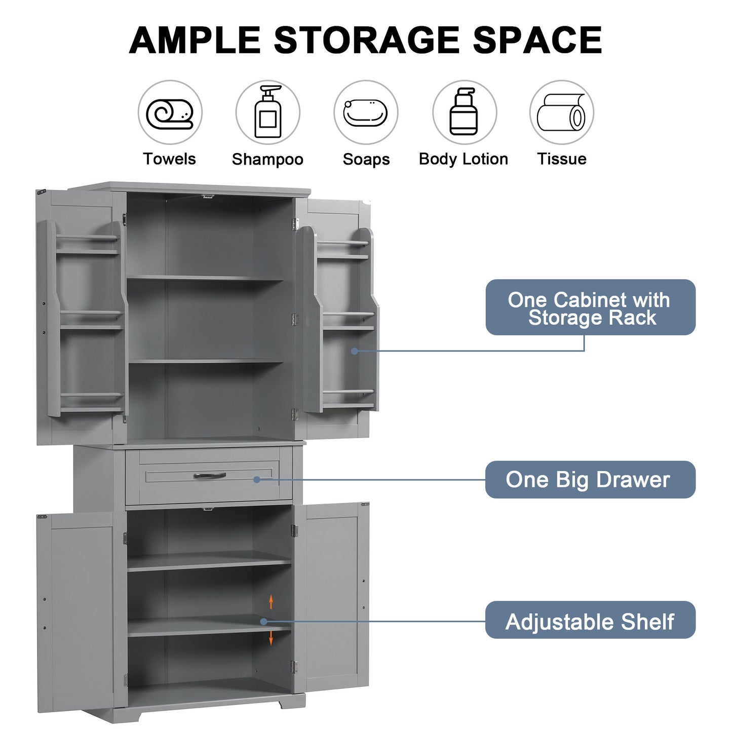 Bathroom Storage Cabinet With Doors And Drawer, Adjustable Shelf