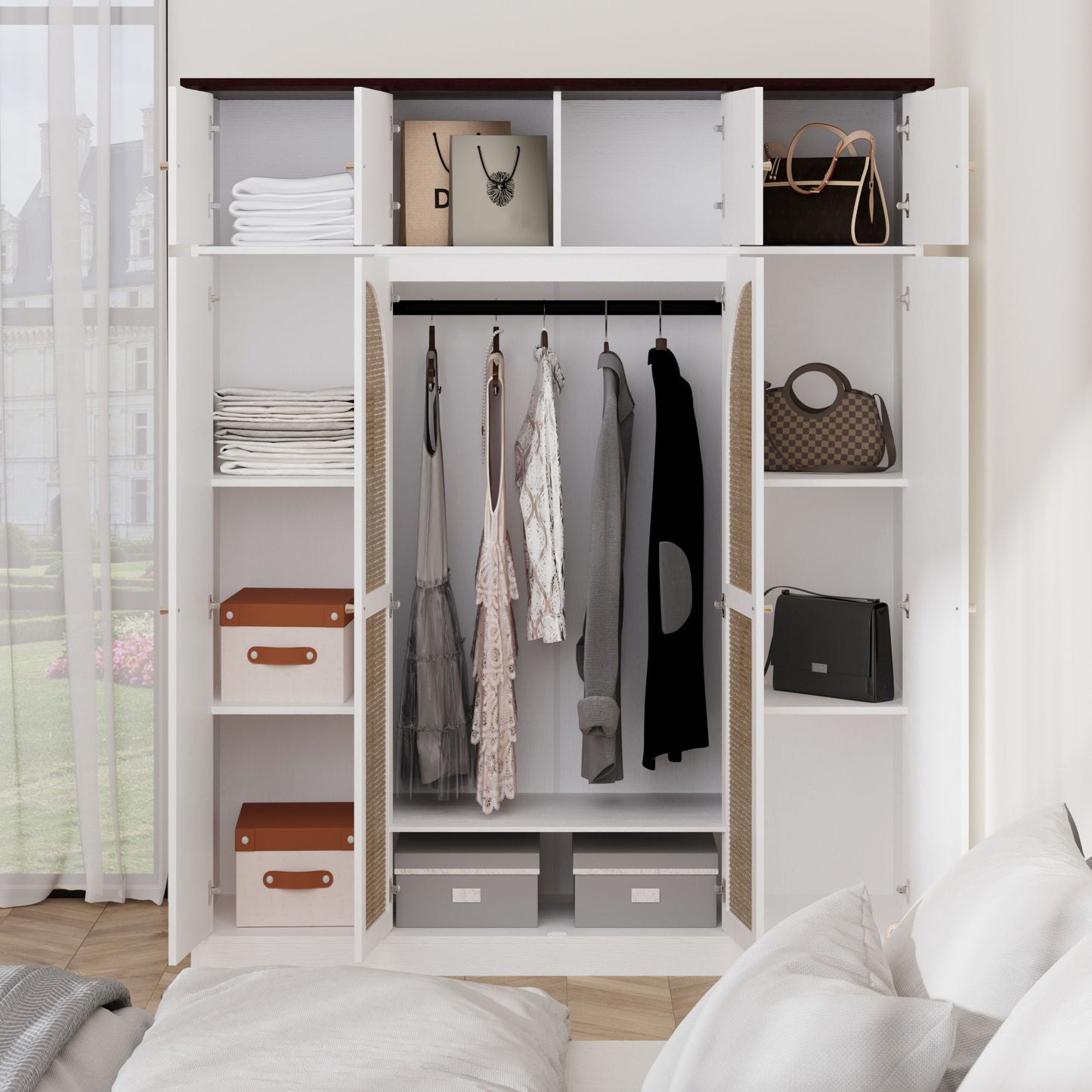 8 Door Armoire Wardrobe With Adjustable Shelves And Hanging Rod