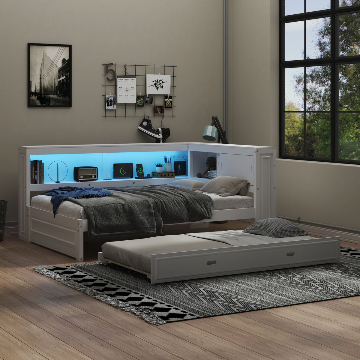 Daybed With Storage Shelves, LED, USB, And Trundle