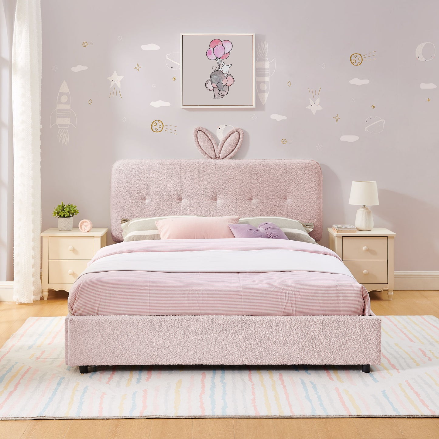Upholstered Bed With Oversized Rabbit Ear Headboard, LED Lights & 4 Storage Drawers